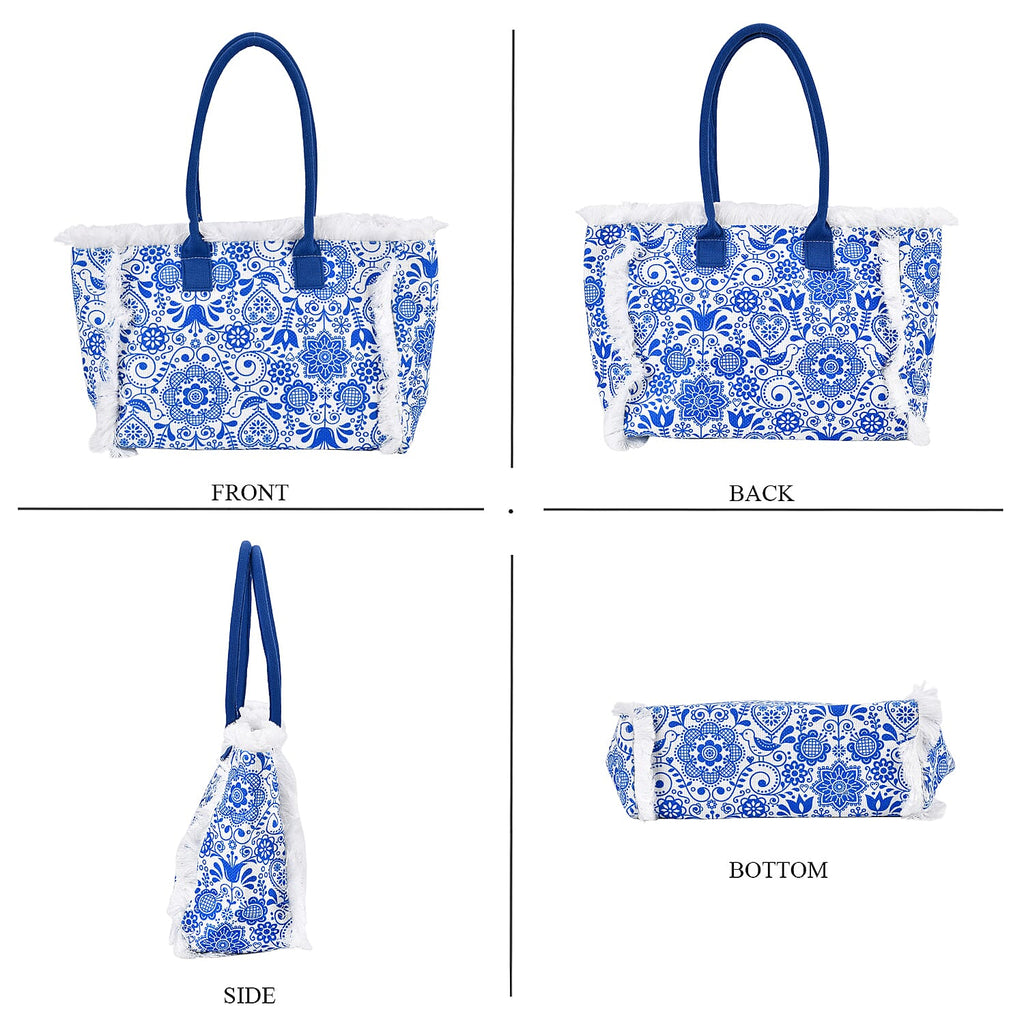 Floral Pattern Tote Bag with Handle Drop - Blue