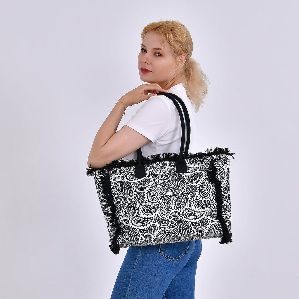 Paisley Pattern Tote Bag with Handle Drop - Black