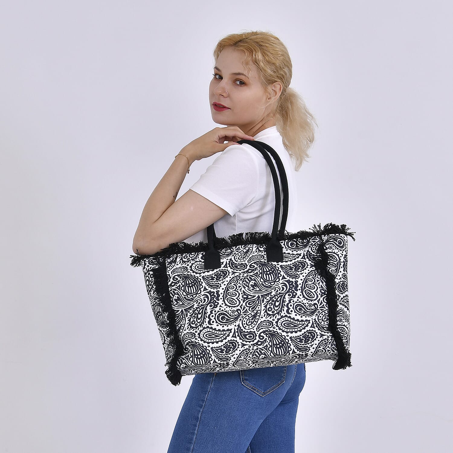 Paisley Pattern Tote Bag with Handle Drop - Black