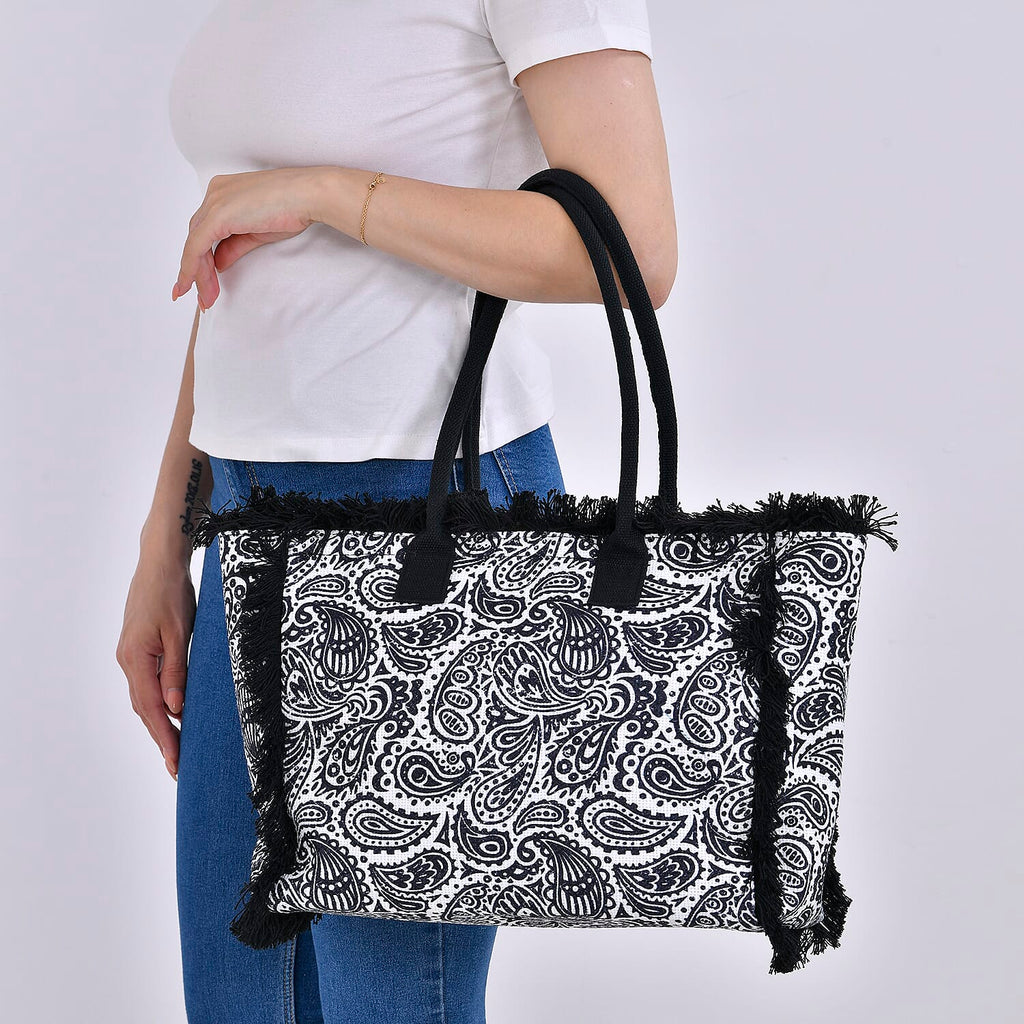 Paisley Pattern Tote Bag with Handle Drop - Black