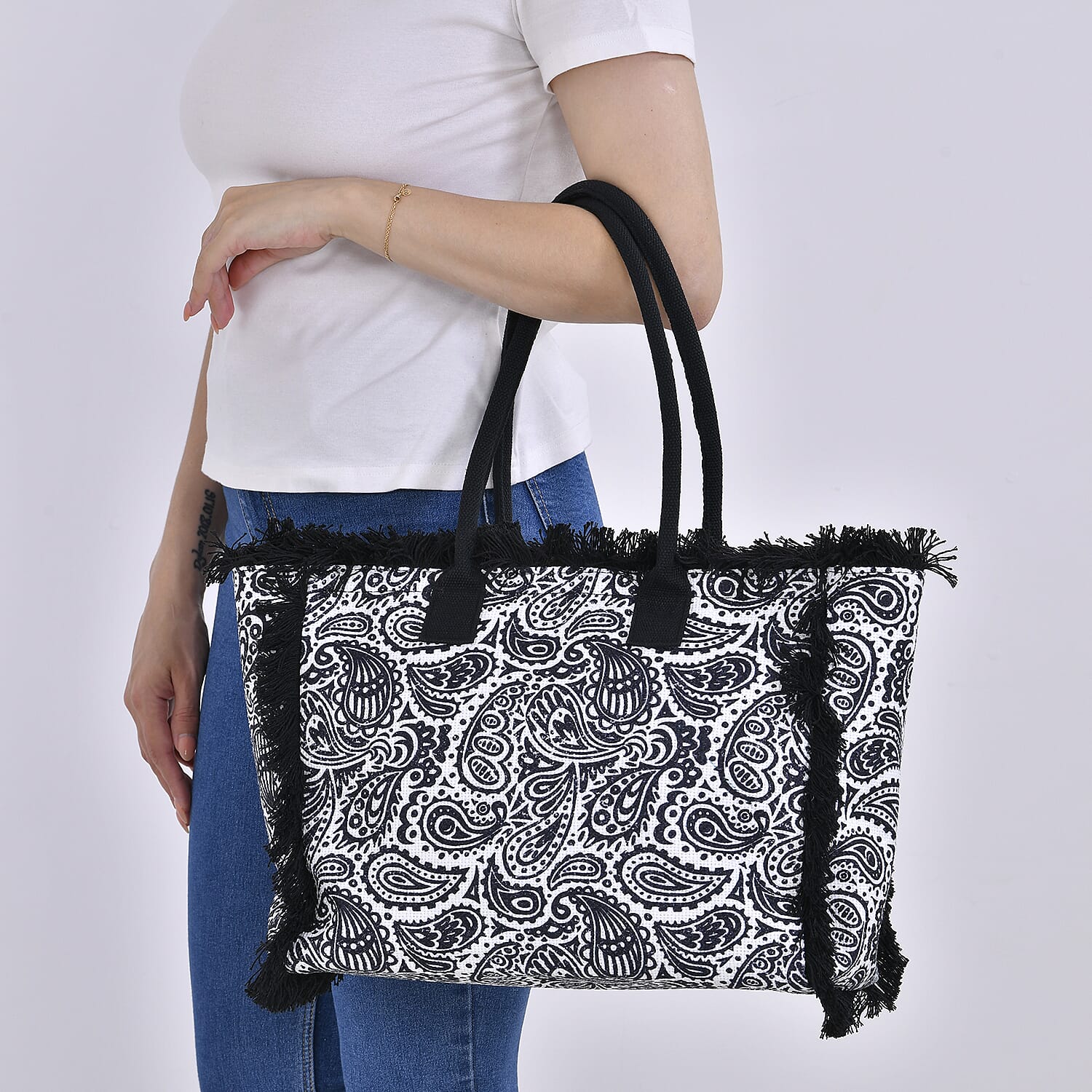 Paisley Pattern Tote Bag with Handle Drop - Black