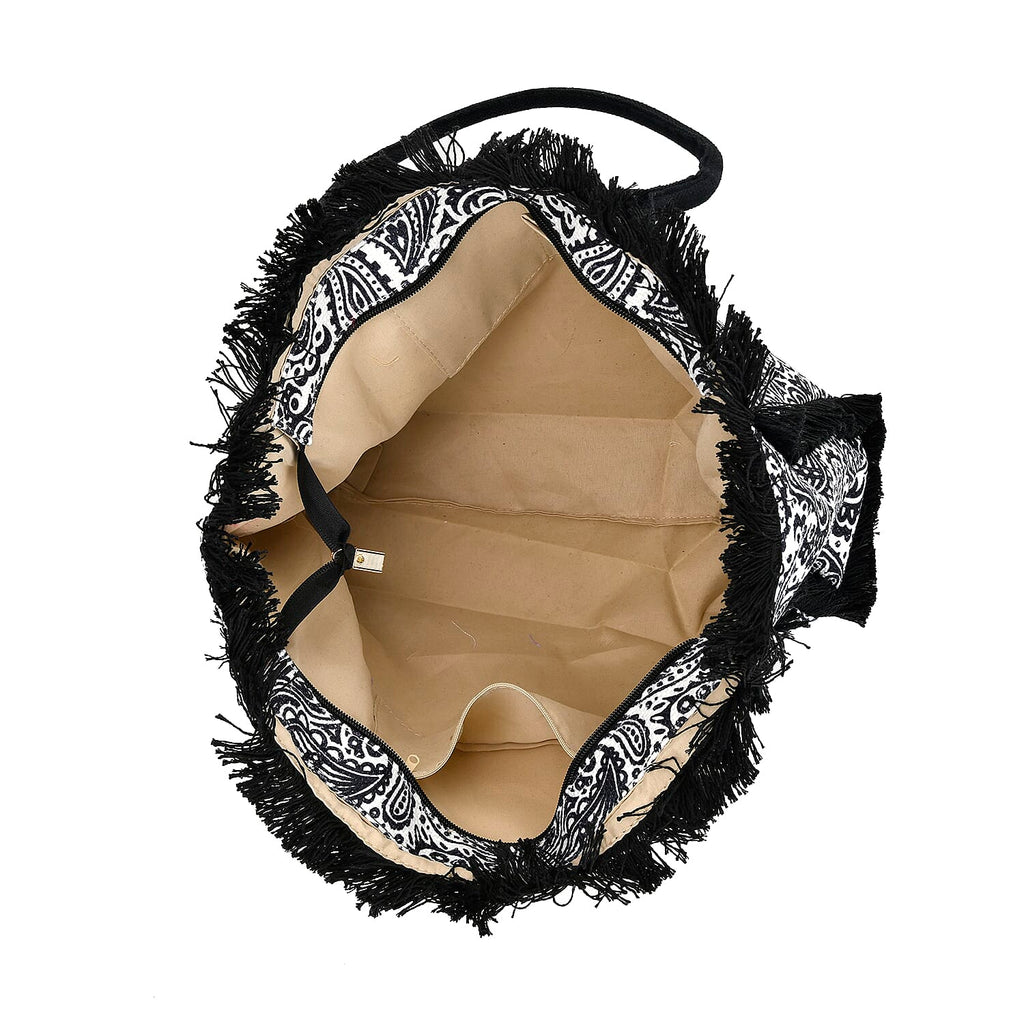 Paisley Pattern Tote Bag with Handle Drop - Black