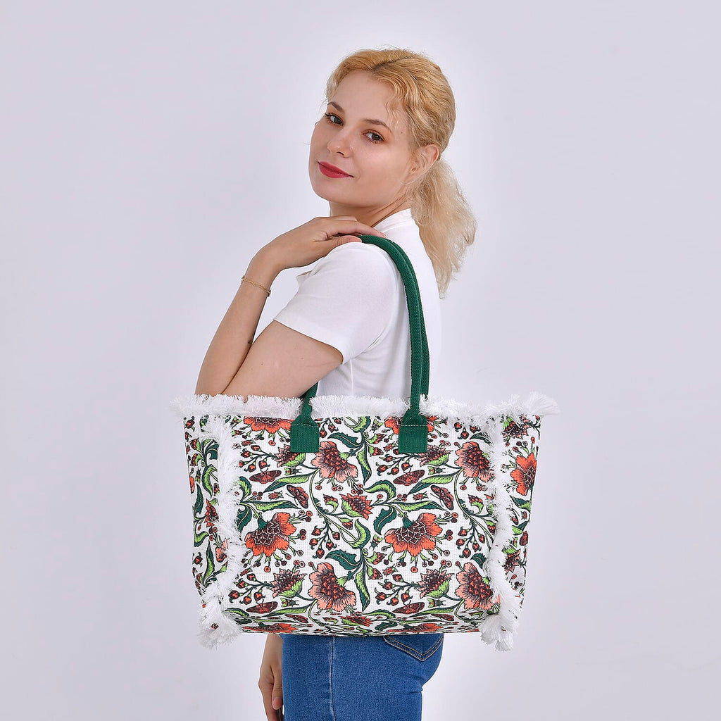 Floral Pattern Tote Bag with Handle Drop - Green