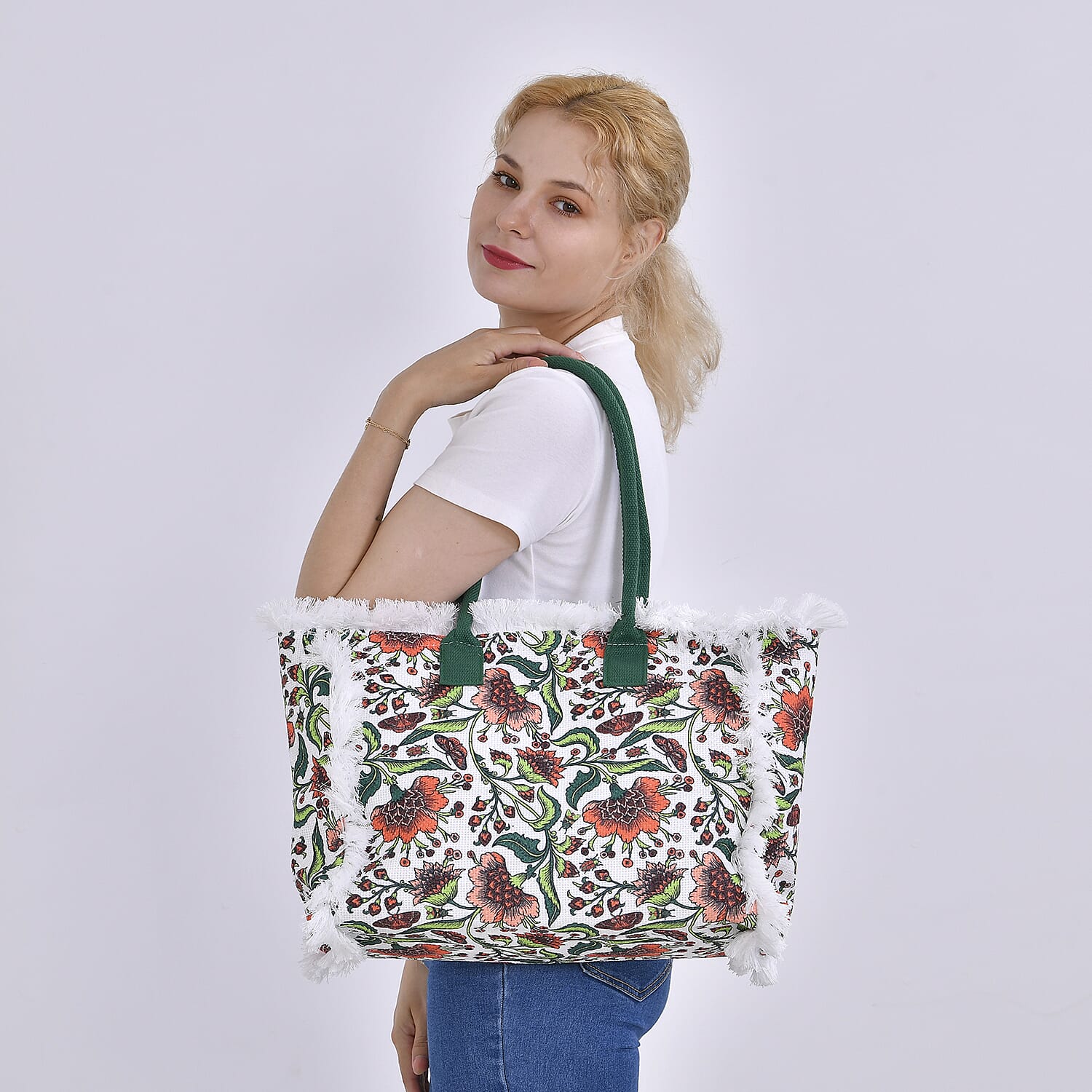 Floral Pattern Tote Bag with Handle Drop - Green