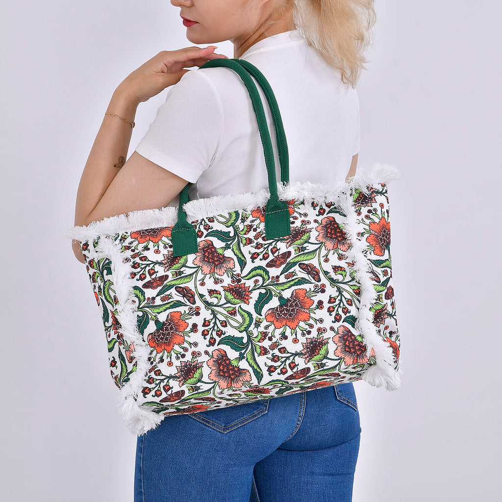 Floral Pattern Tote Bag with Handle Drop - Green