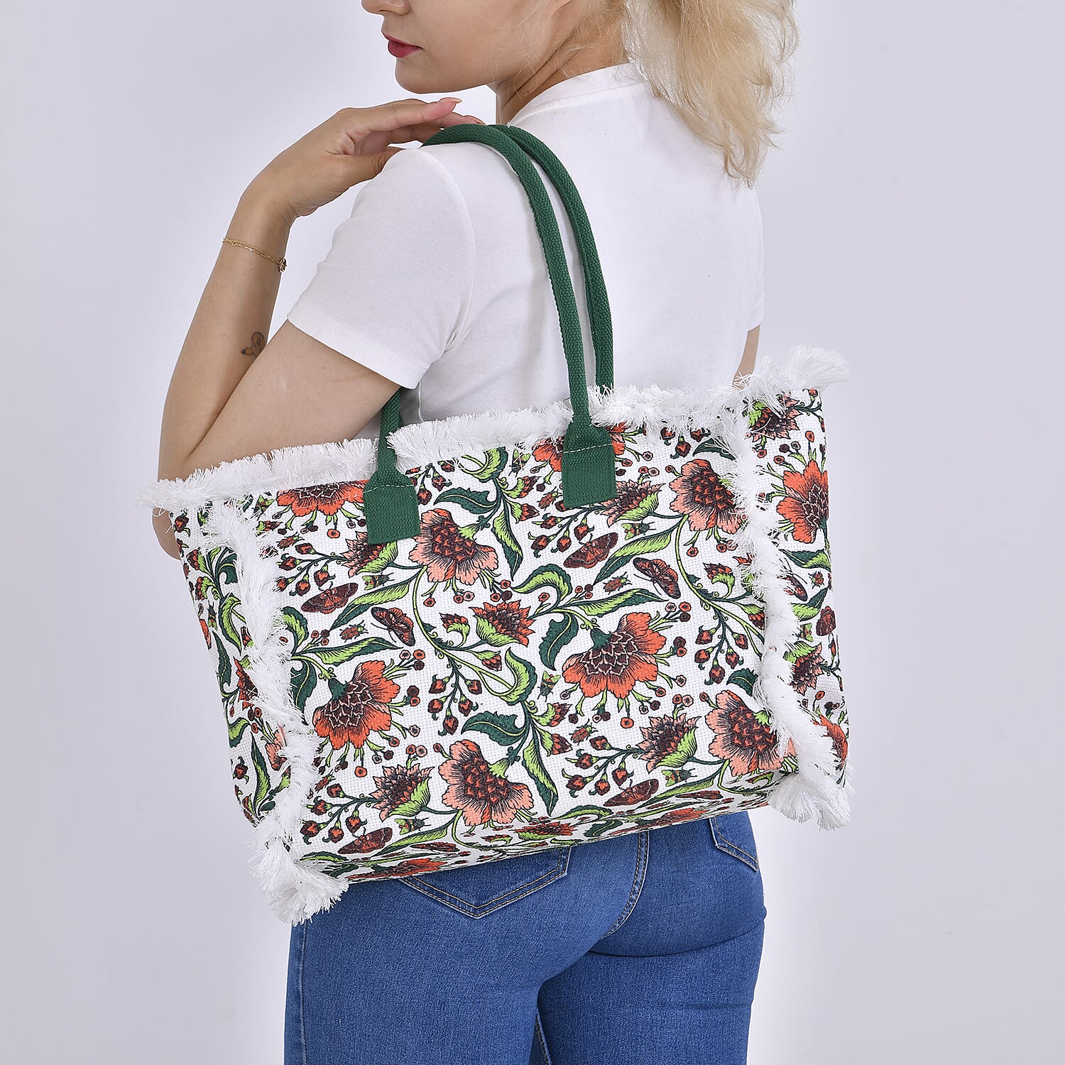 Floral Pattern Tote Bag with Handle Drop - Green