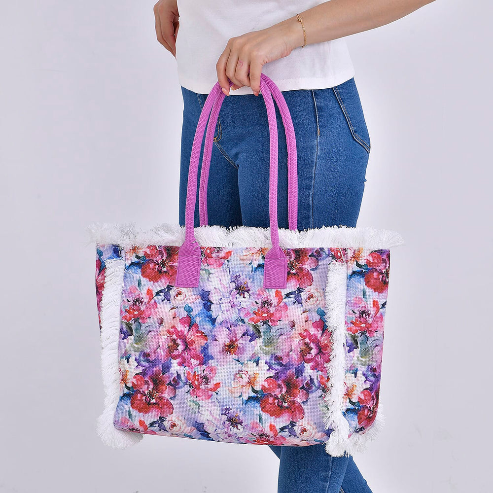 Floral Pattern Fringed Tote Bag with Handle Drop - Purple & Multi