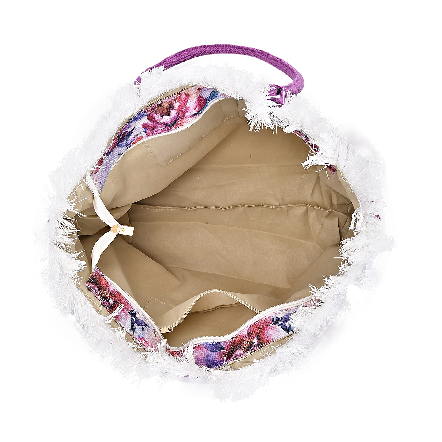 Floral Pattern Fringed Tote Bag with Handle Drop - Purple & Multi