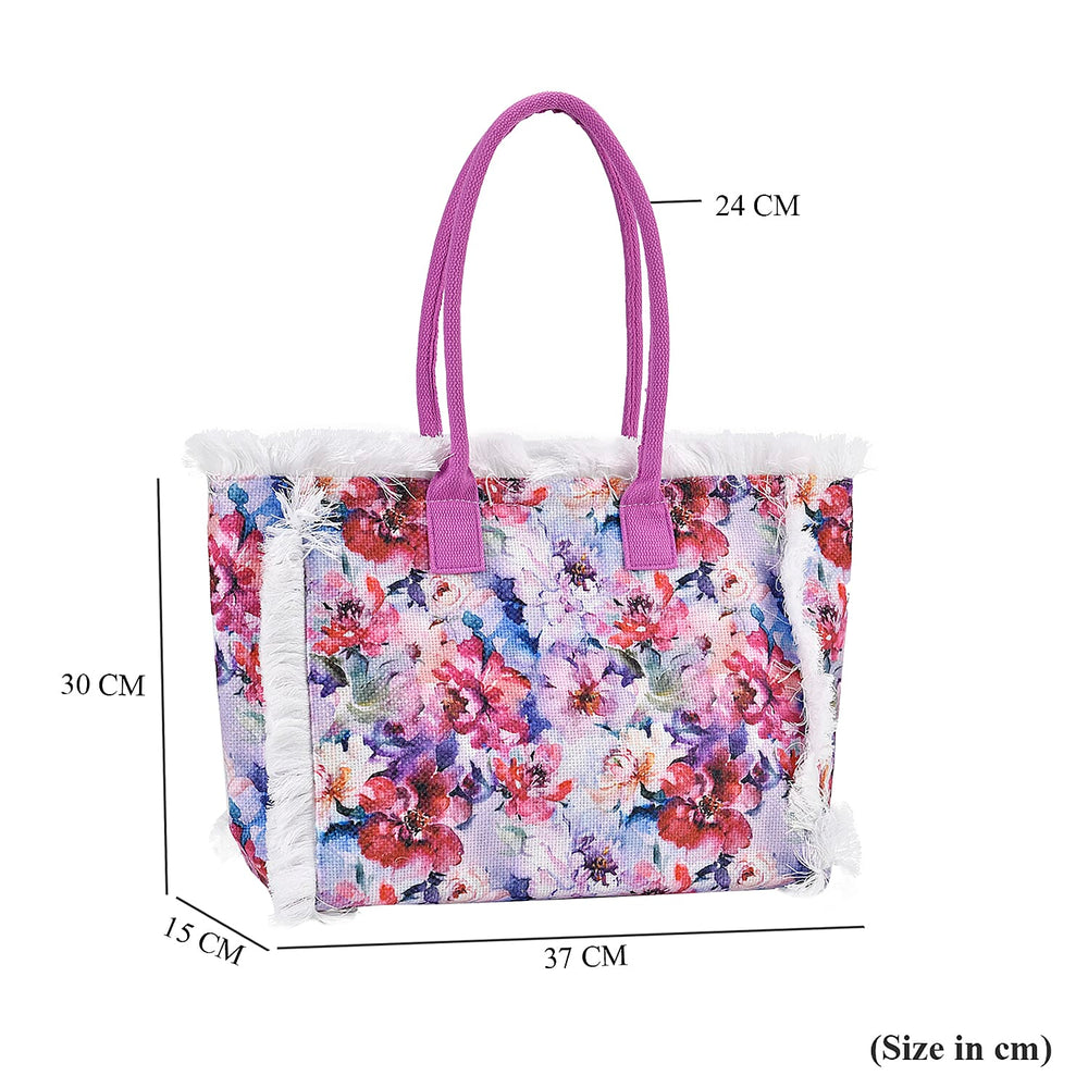 Floral Pattern Fringed Tote Bag with Handle Drop - Purple & Multi