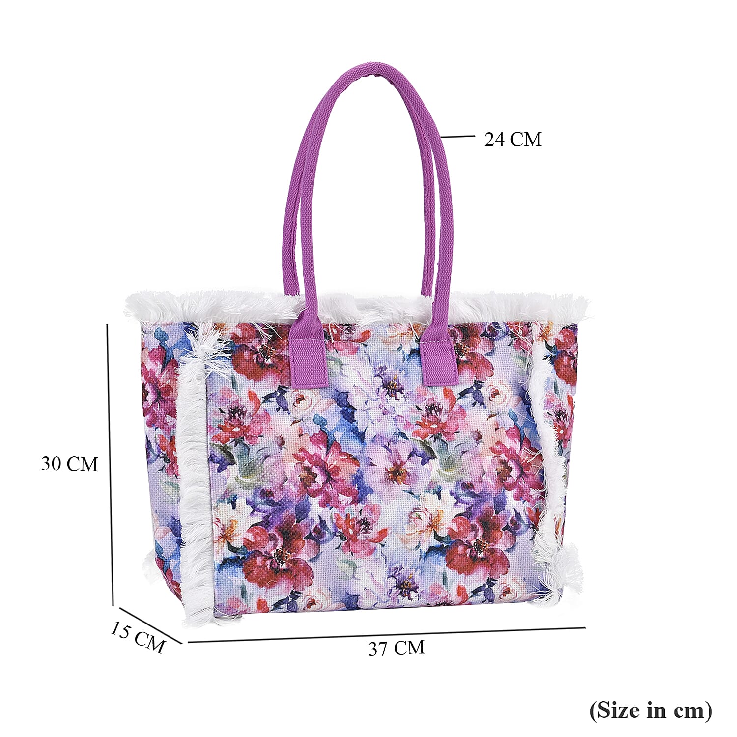 Floral Pattern Fringed Tote Bag with Handle Drop - Purple & Multi