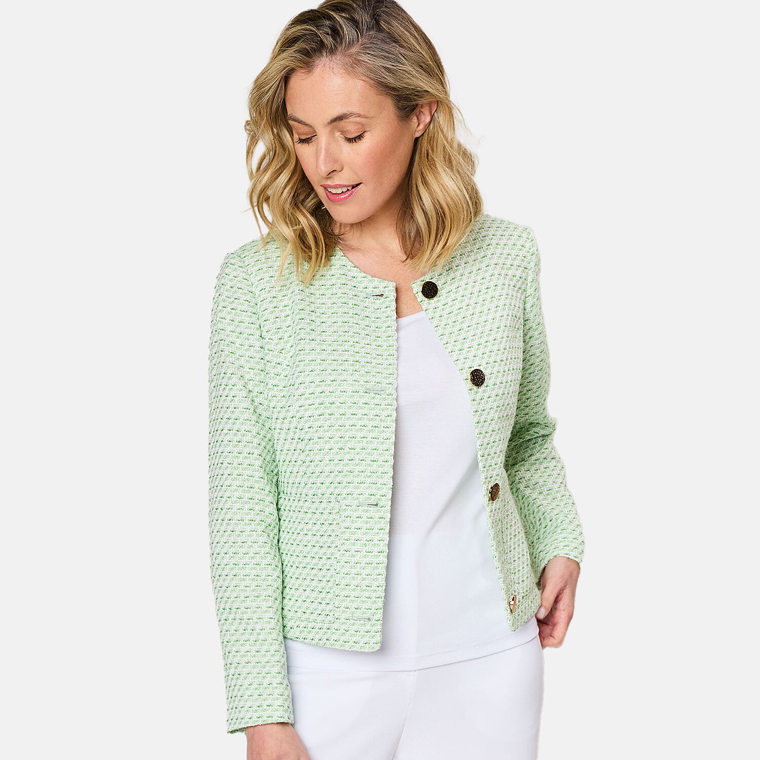 Emreco Collarless Cropped Boucle Jacket (Size 12) - Green