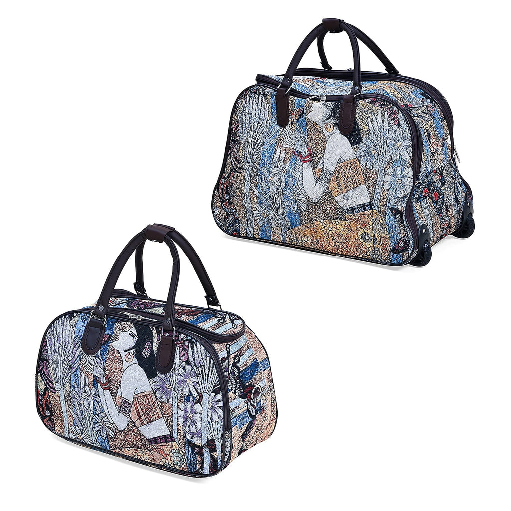 Set of 2 Large Wheeled Rolling Travel Duffle Bag with Handle Drop - Blue & Yellow with Lady