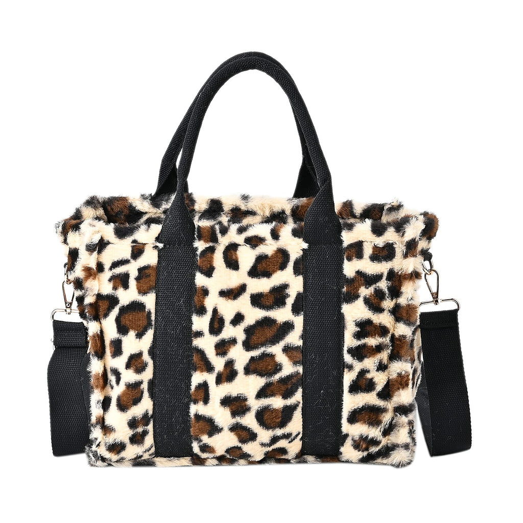 Leopard Print Crossbody Bag with Exterior Zipped Pocket - Shoulder Strap - Beige