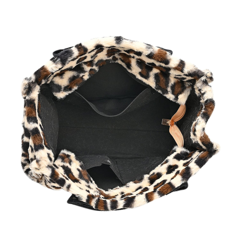 Leopard Print Crossbody Bag with Exterior Zipped Pocket - Shoulder Strap - Beige