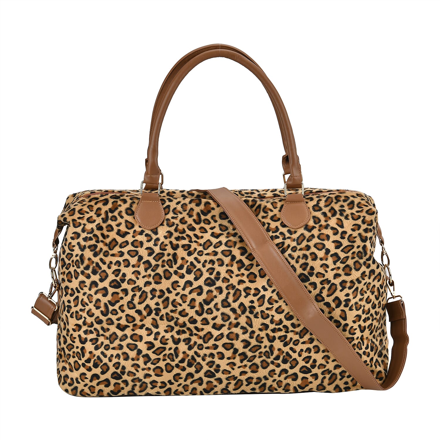 Leopard Printed Travel Bag with Long Strap - Handle Drop - Brown