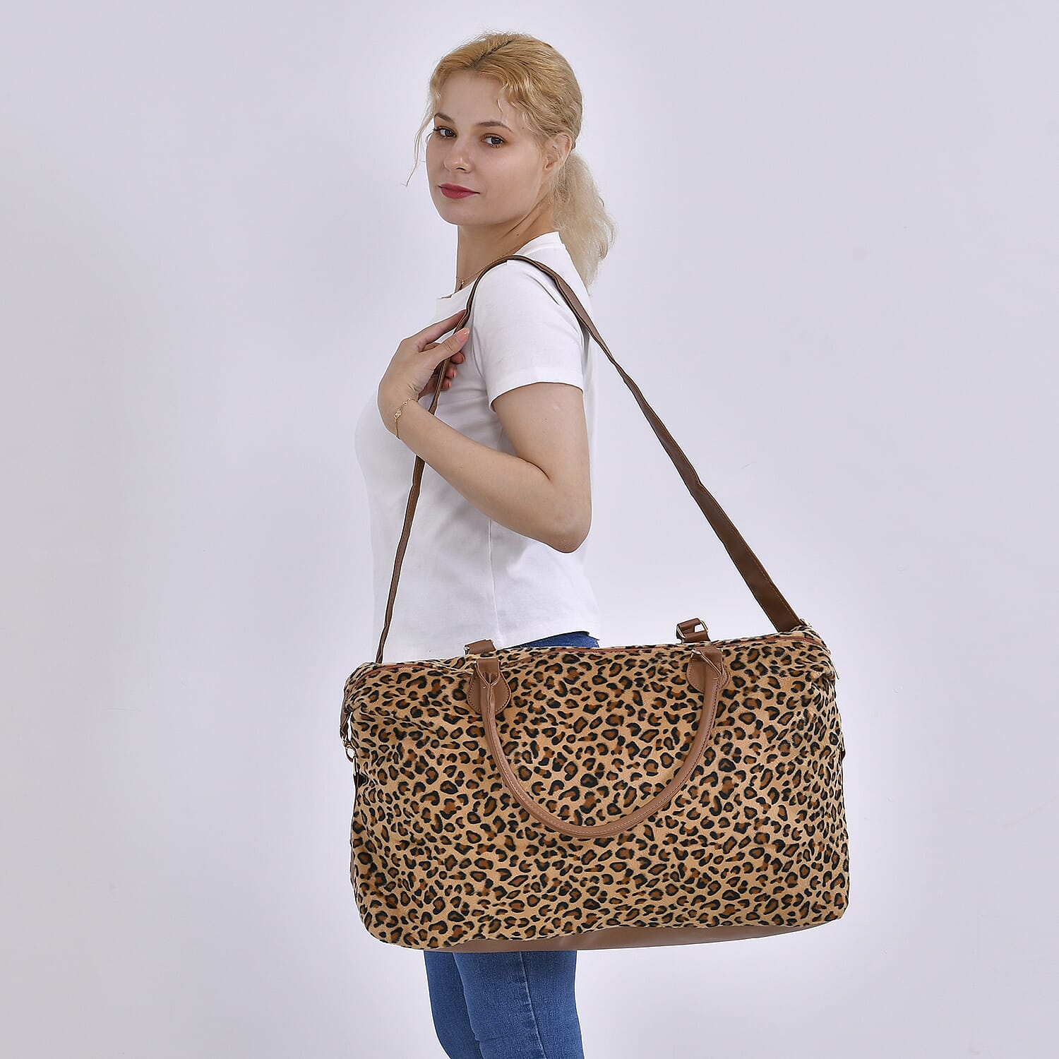 Leopard Printed Travel Bag with Long Strap - Handle Drop - Brown