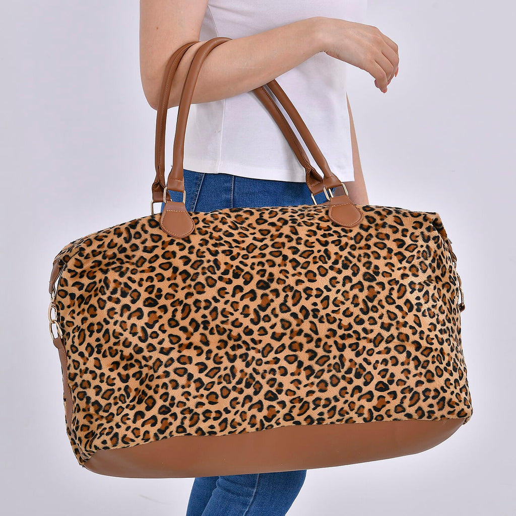 Leopard Printed Travel Bag with Long Strap - Handle Drop - Brown