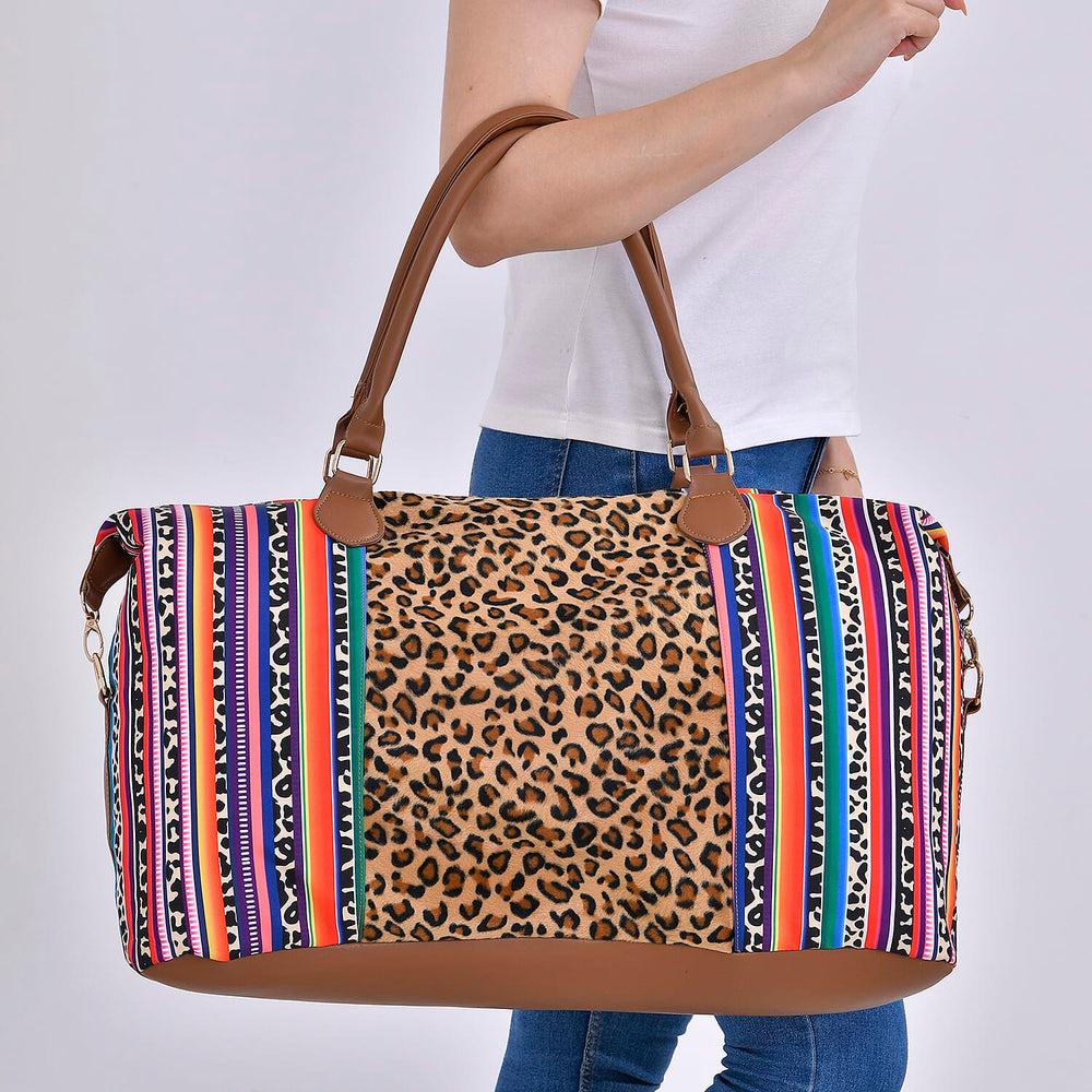 Leopard Printed Travel Bag with Long Strap - Handle Drop - Brown - Multi