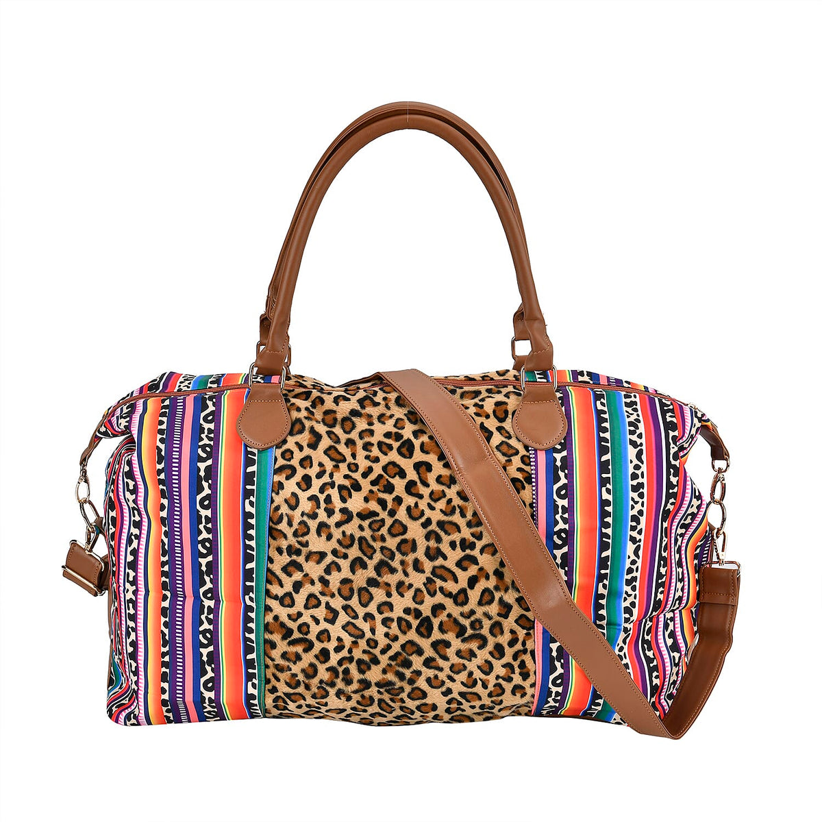 Leopard Printed Travel Bag with Long Strap - Handle Drop - Brown - Multi