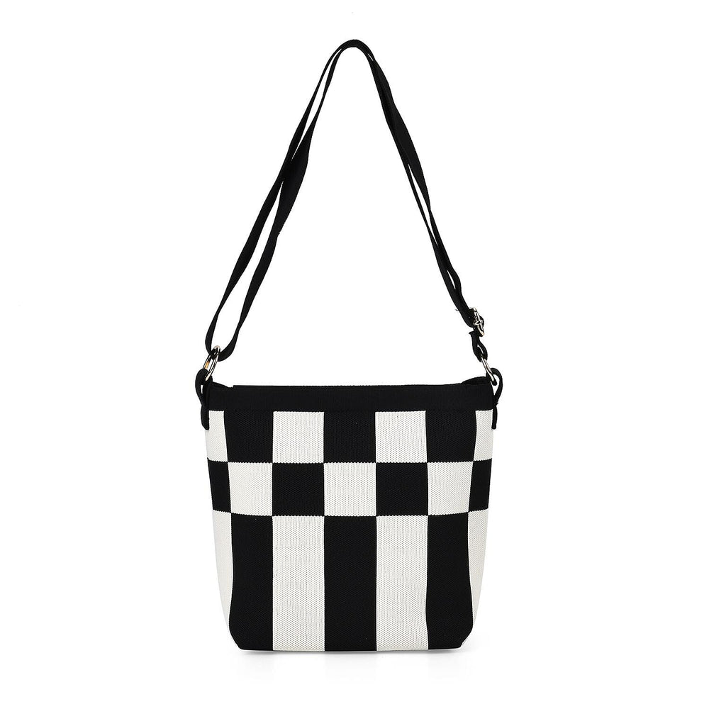 Check Pattern Crossbody Bag with Shoulder Strap (120cm) - Black & White