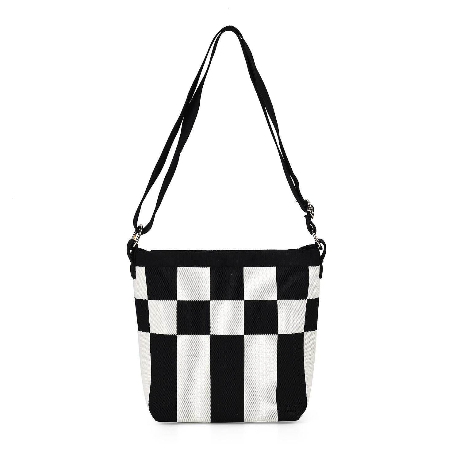 Check Pattern Crossbody Bag with Shoulder Strap (120cm) - Black & White