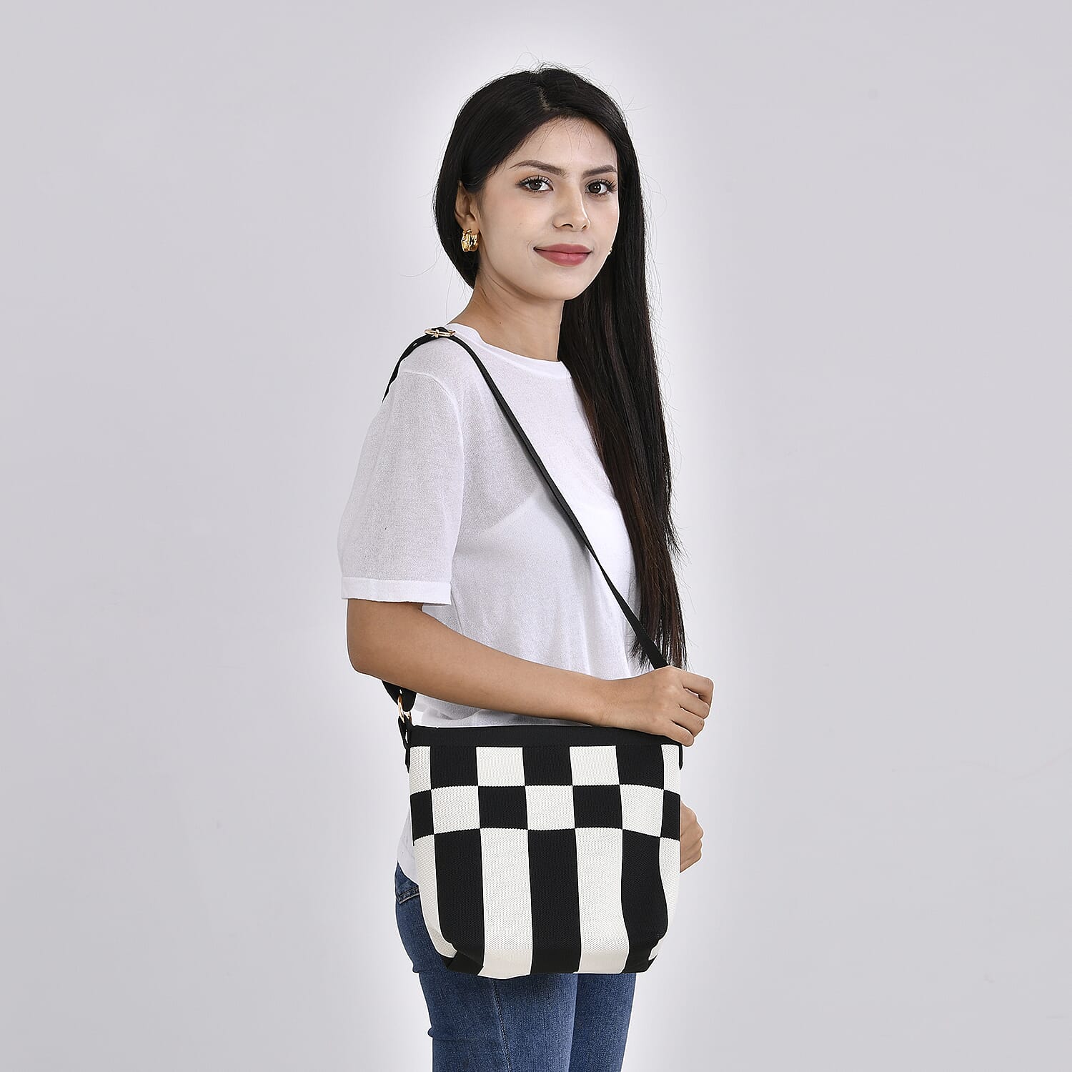 Check Pattern Crossbody Bag with Shoulder Strap (120cm) - Black & White