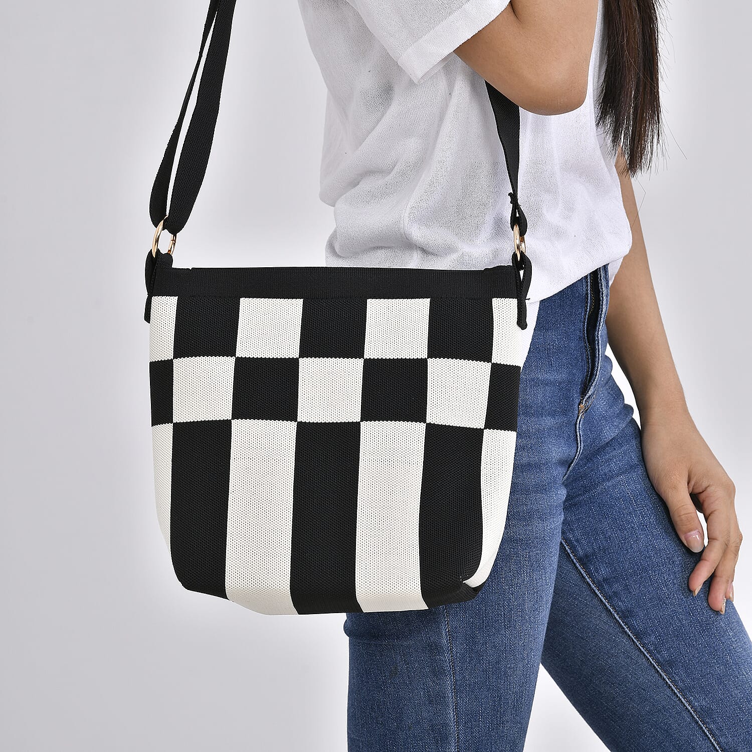 Check Pattern Crossbody Bag with Shoulder Strap (120cm) - Black & White