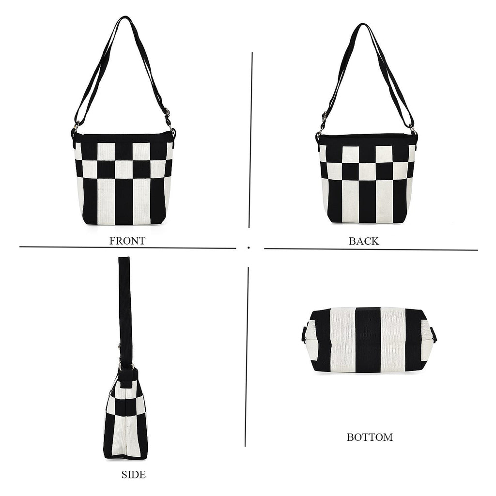 Check Pattern Crossbody Bag with Shoulder Strap (120cm) - Black & White