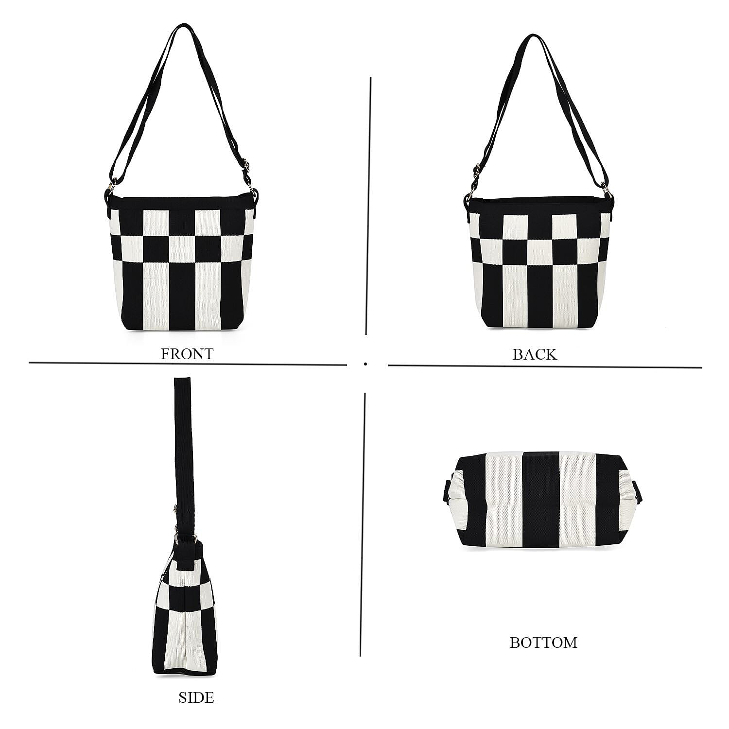 Check Pattern Crossbody Bag with Shoulder Strap (120cm) - Black & White