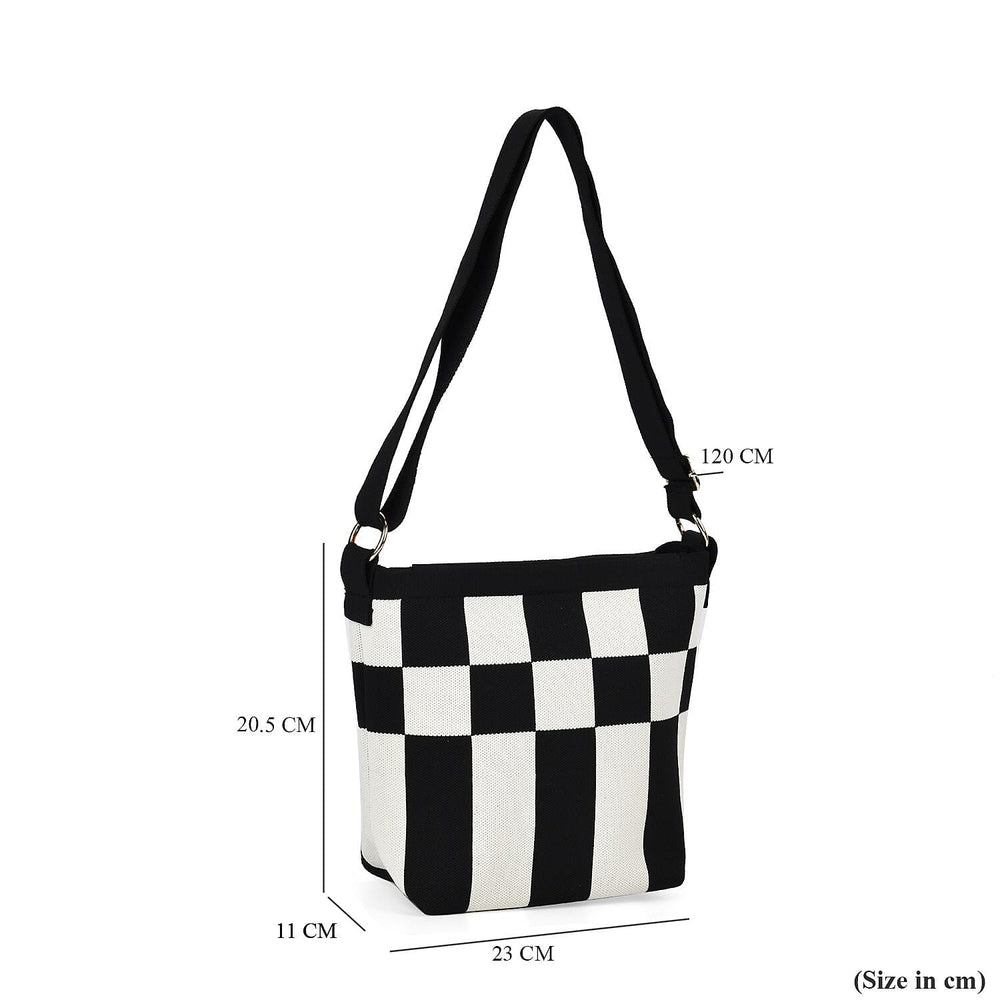 Check Pattern Crossbody Bag with Shoulder Strap (120cm) - Black & White