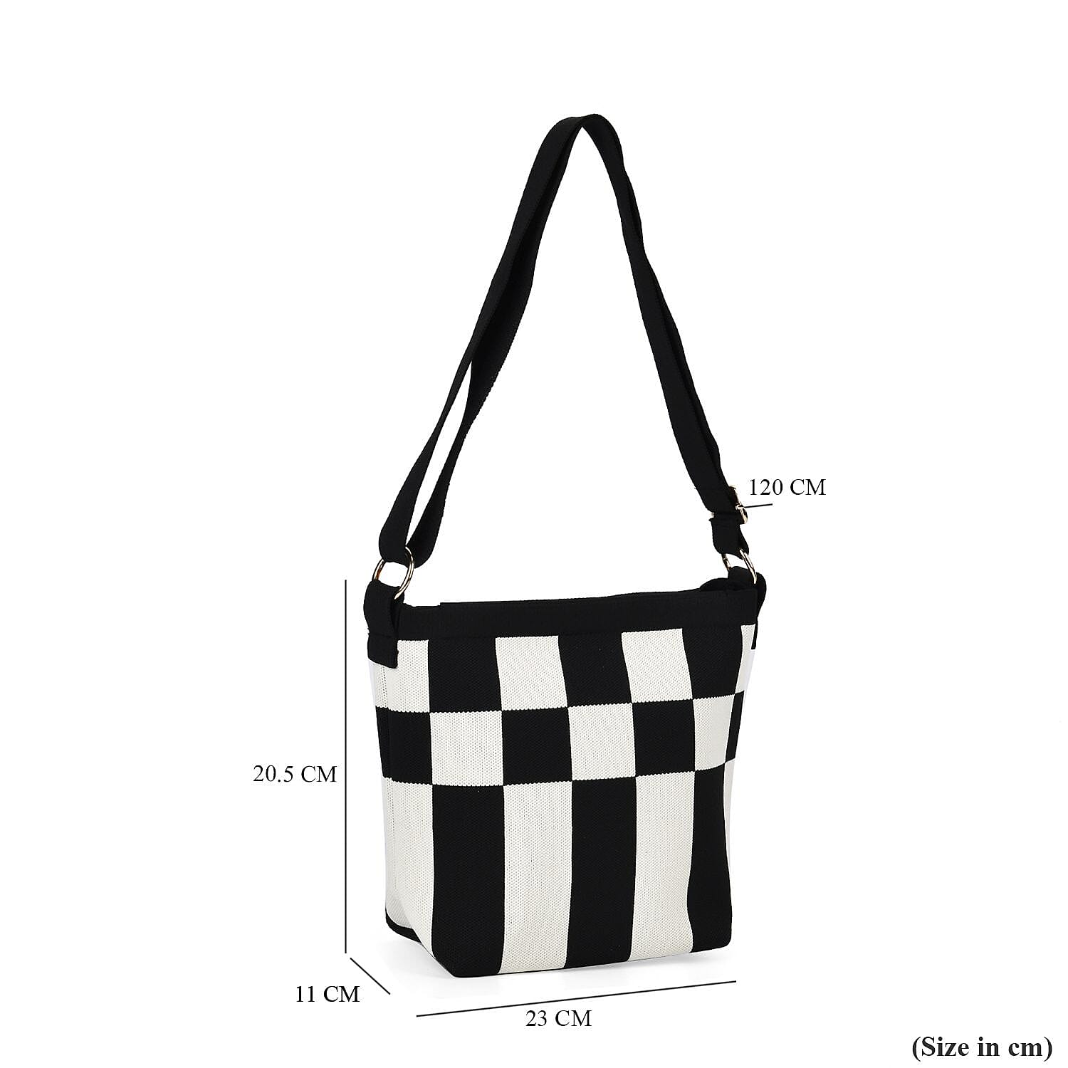 Check Pattern Crossbody Bag with Shoulder Strap (120cm) - Black & White