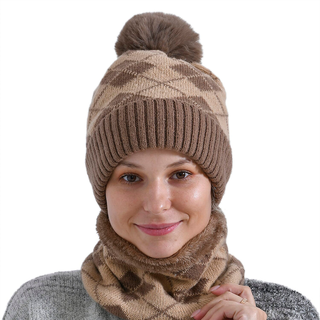 Plush Lined Pom Beanie Hat with Scarf Set - Brown
