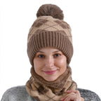 Plush Lined Pom Beanie Hat with Scarf Set - Brown