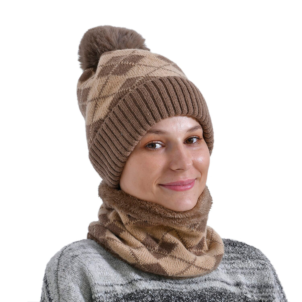 Plush Lined Pom Beanie Hat with Scarf Set - Brown