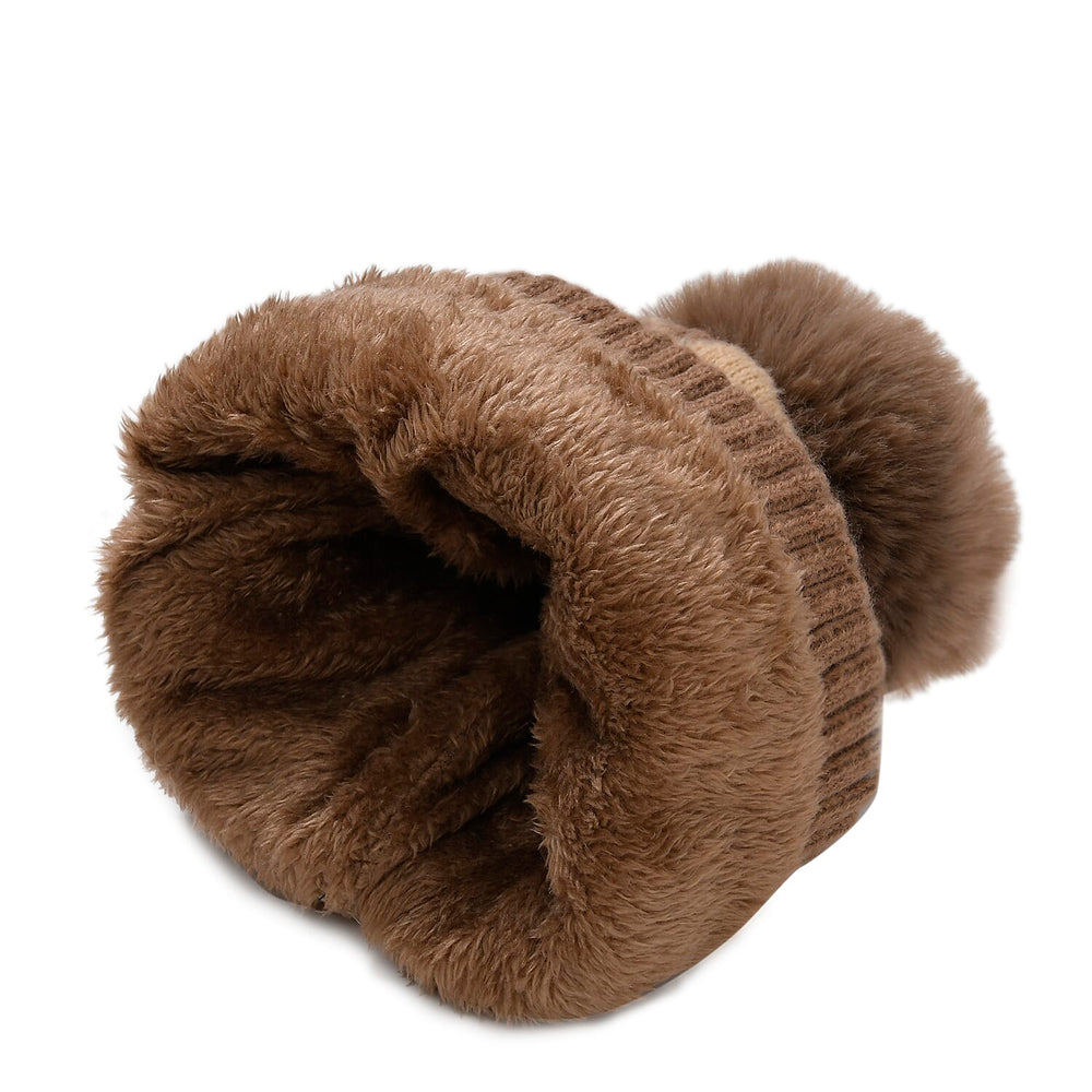 Plush Lined Pom Beanie Hat with Scarf Set - Brown