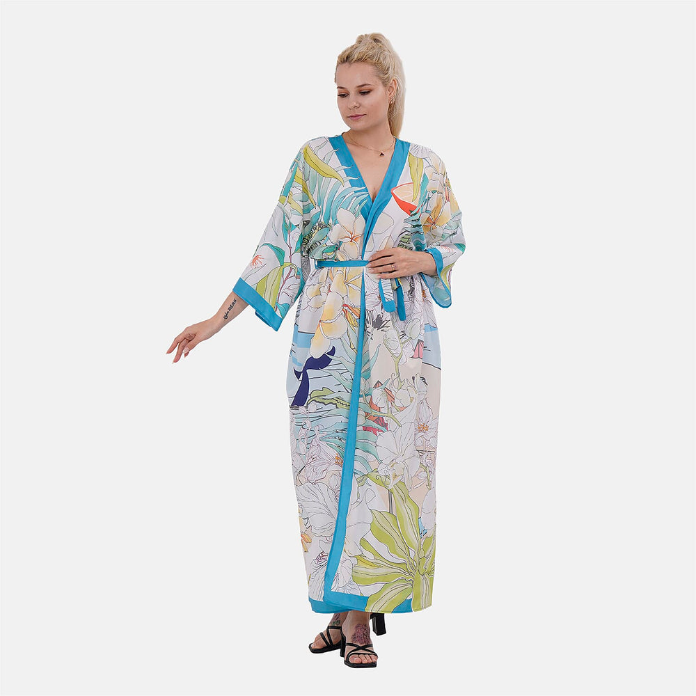 Closeout Deal Printed Long Kimono (One Size,8-18) - Marine Green