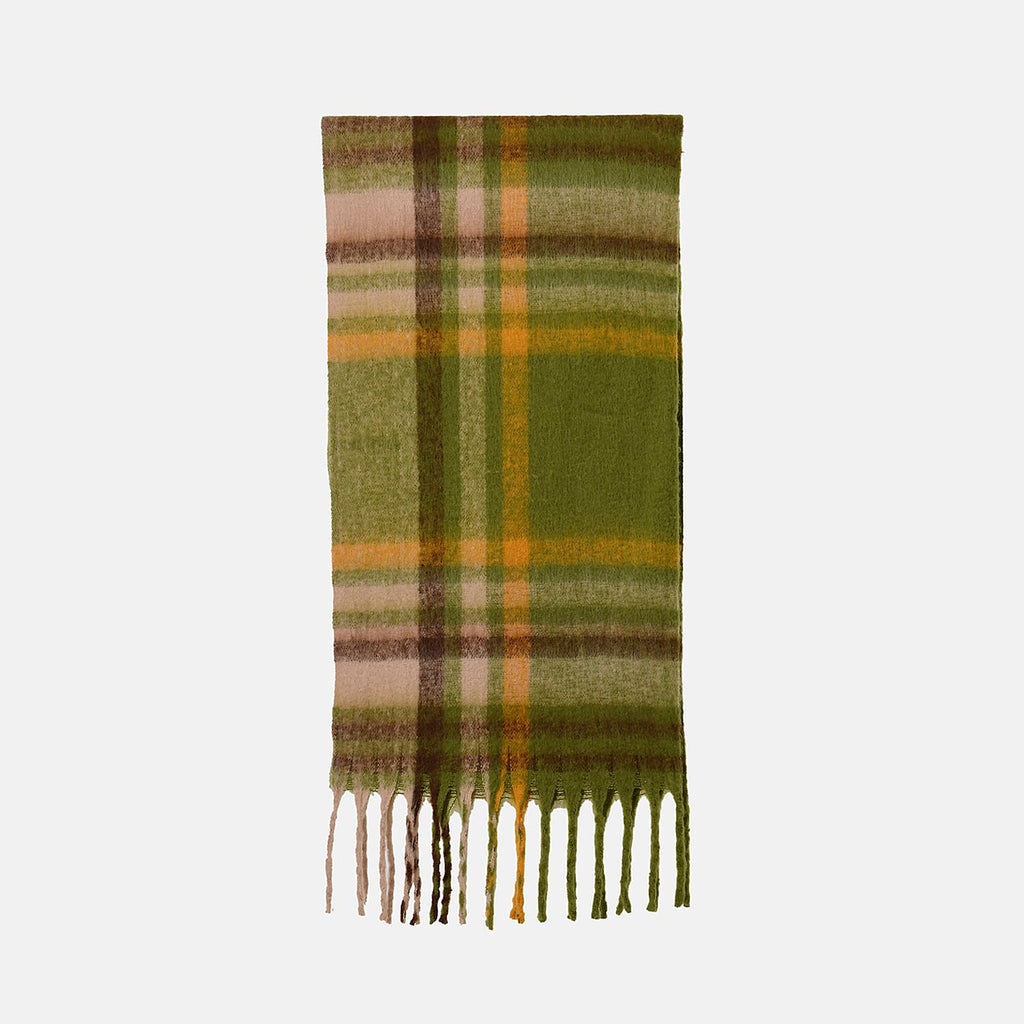 Cozy Checkered Winter Scarf with Fringes - Green
