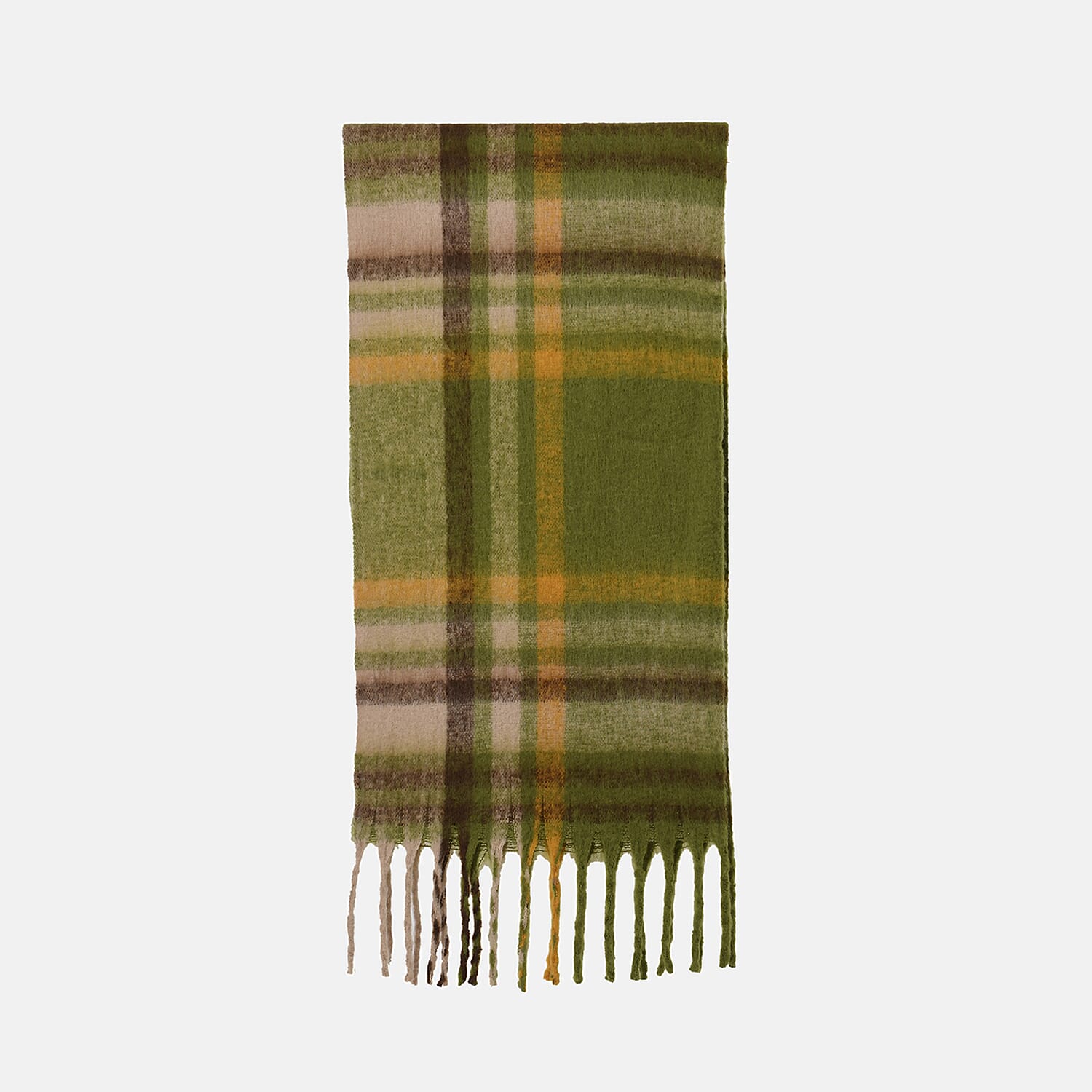 Cozy Checkered Winter Scarf with Fringes - Green