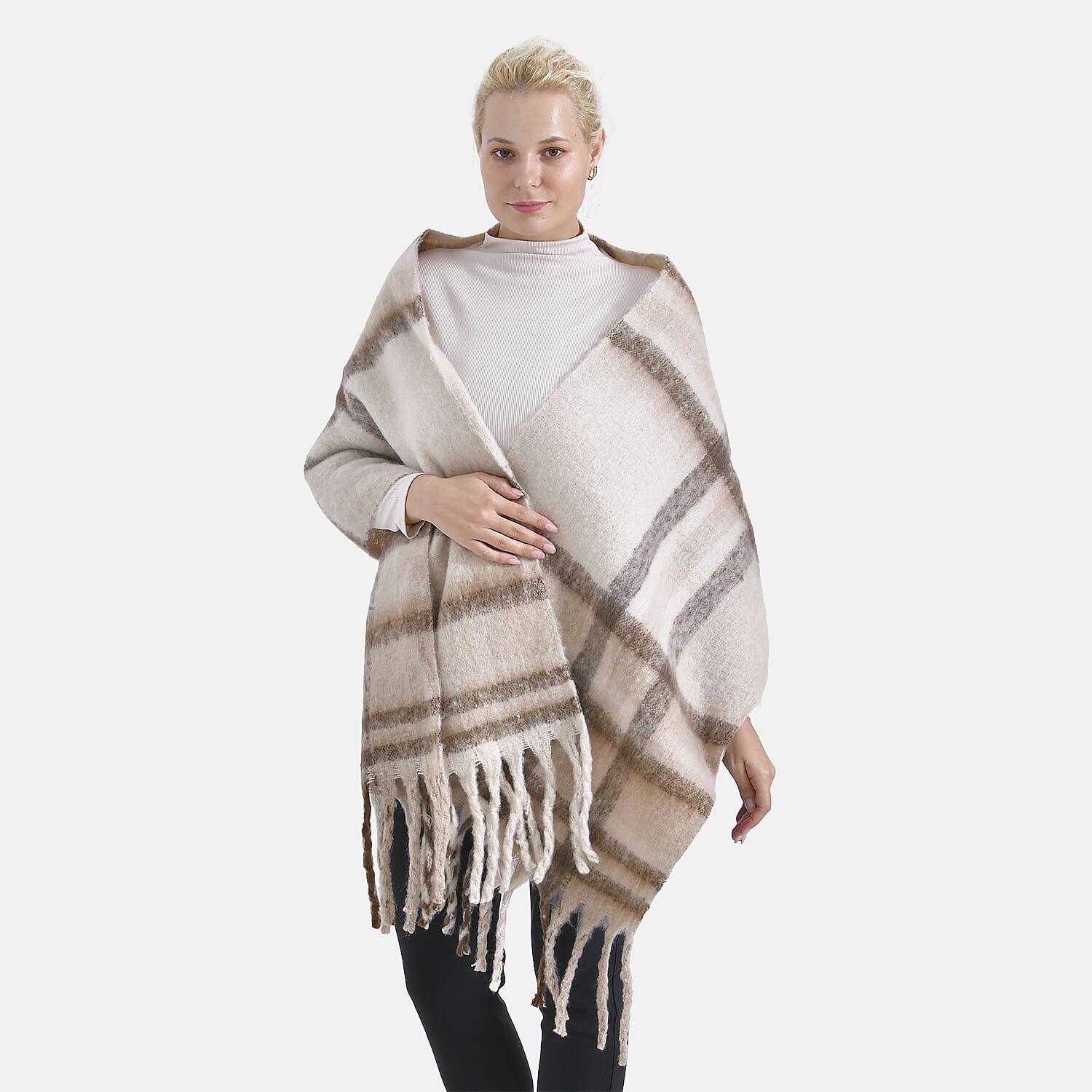 Cozy Checkered Woven Scarf with Fringes (Size 190x47cm) - Beige