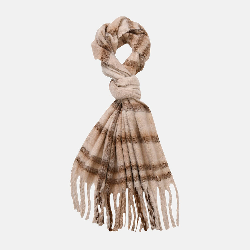 Cozy Checkered Woven Scarf with Fringes (Size 190x47cm) - Beige