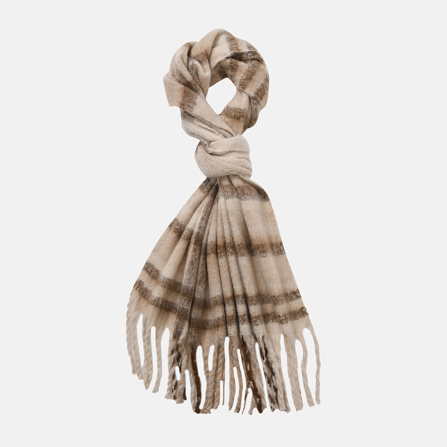 Cozy Checkered Woven Scarf with Fringes (Size 190x47cm) - Beige