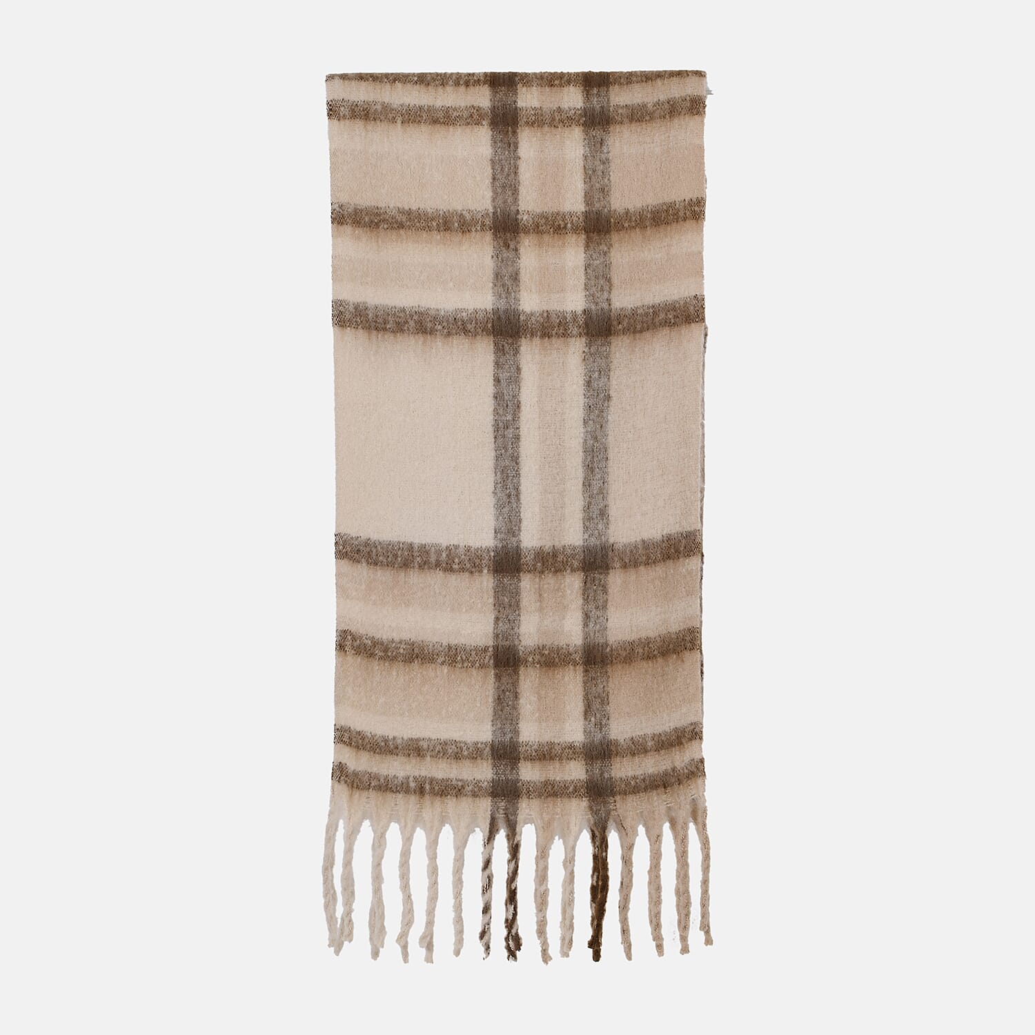 Cozy Checkered Woven Scarf with Fringes (Size 190x47cm) - Beige