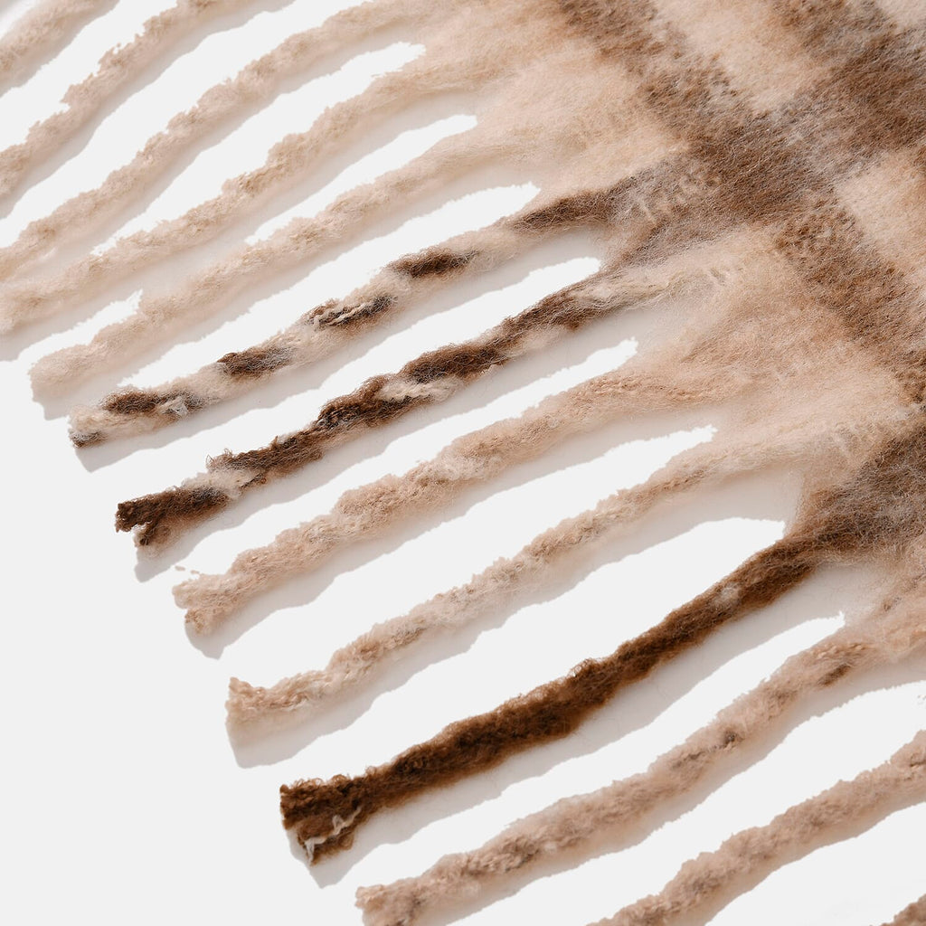 Cozy Checkered Woven Scarf with Fringes (Size 190x47cm) - Beige