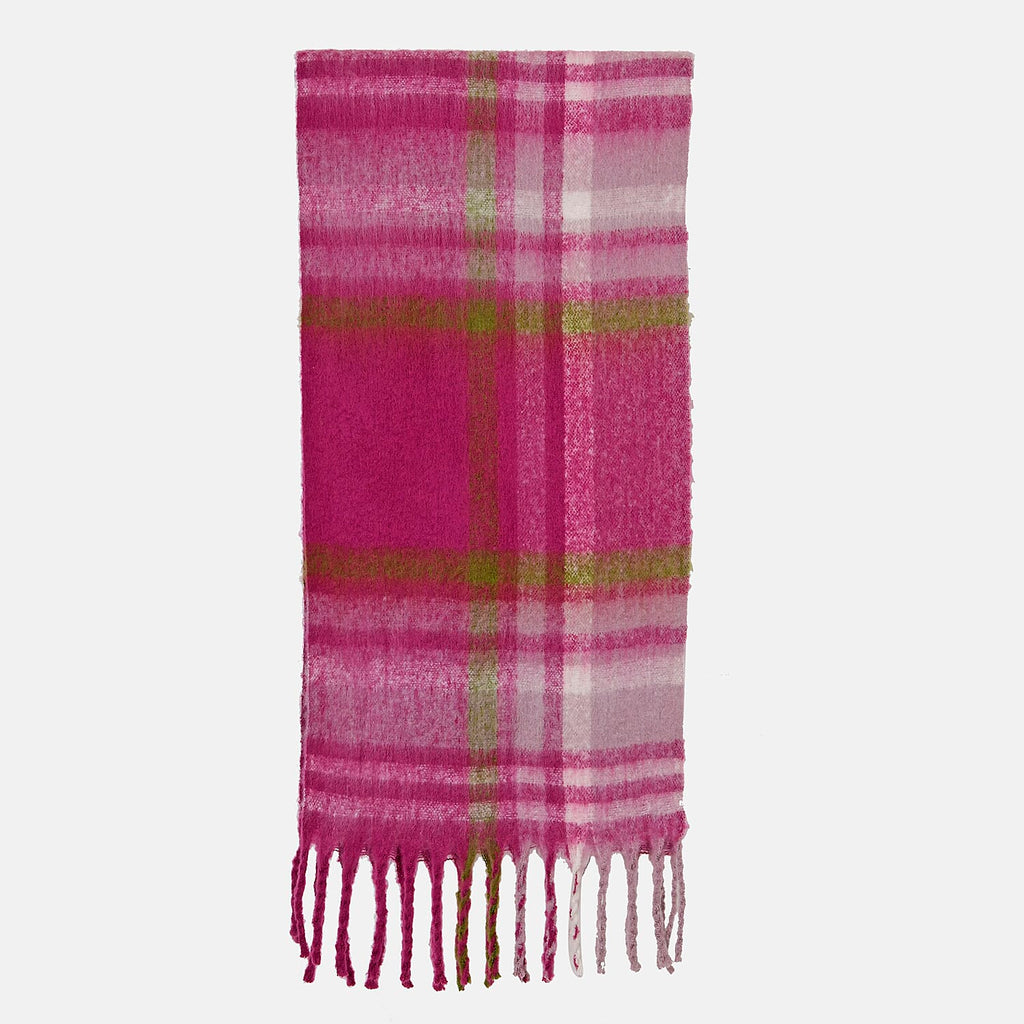 Cozy Checkered Winter Scarf with Fringes - Purple