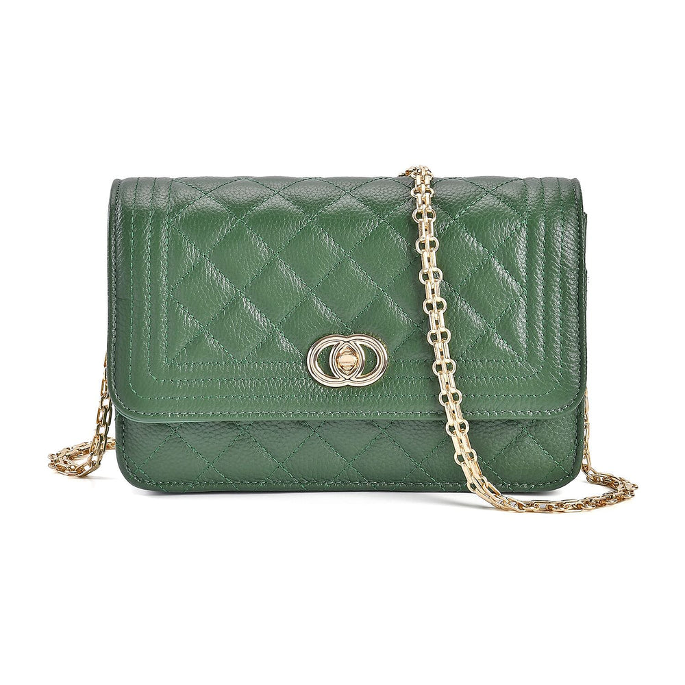 Designer Inspired -  Genuine Leather Quilted Diamond Pattern Shoulder Bag with Panther Link Strap - Dark Green