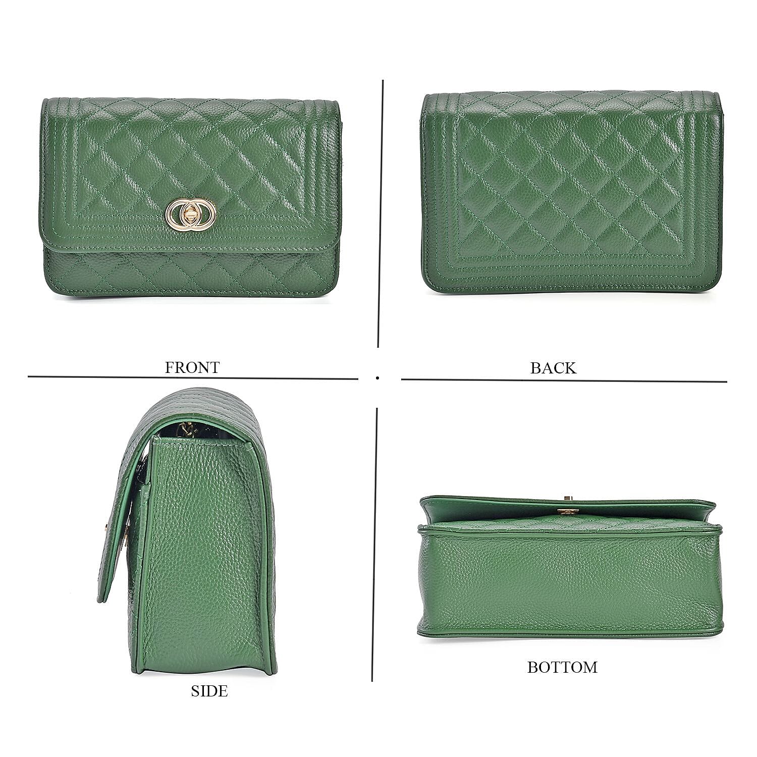 Designer Inspired -  Genuine Leather Quilted Diamond Pattern Shoulder Bag with Panther Link Strap - Dark Green
