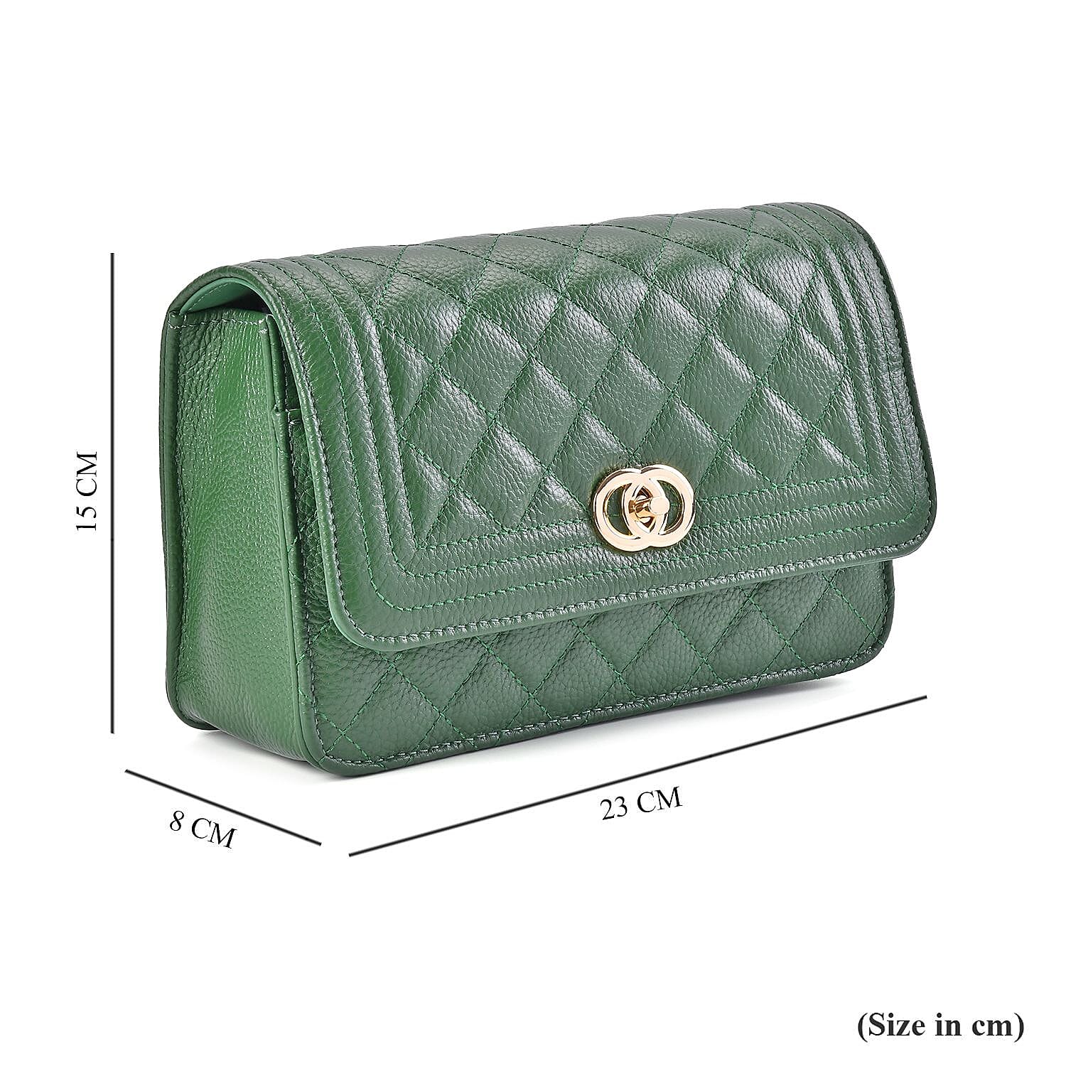 Designer Inspired -  Genuine Leather Quilted Diamond Pattern Shoulder Bag with Panther Link Strap - Dark Green