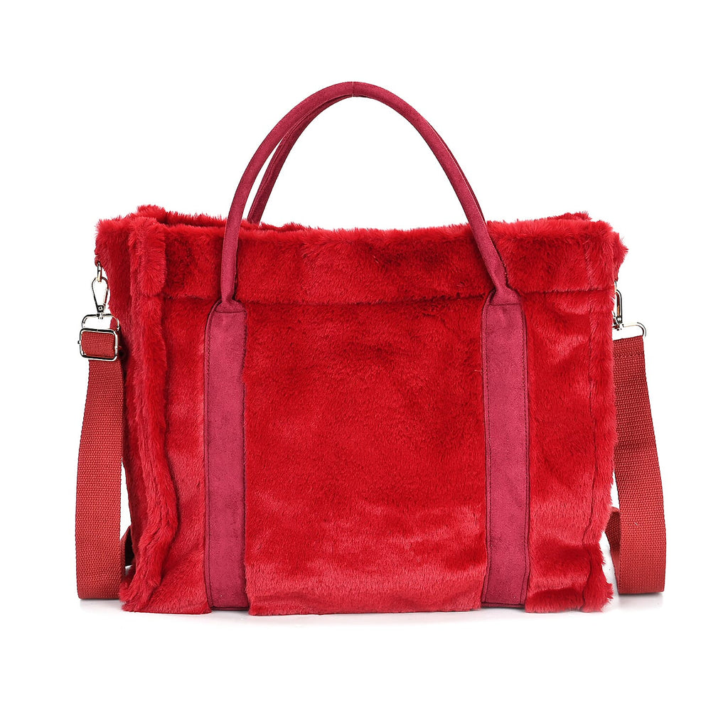 Fluffy Faux Fur Tote Bagg (Size 40x13x32 cm) - Burgundy