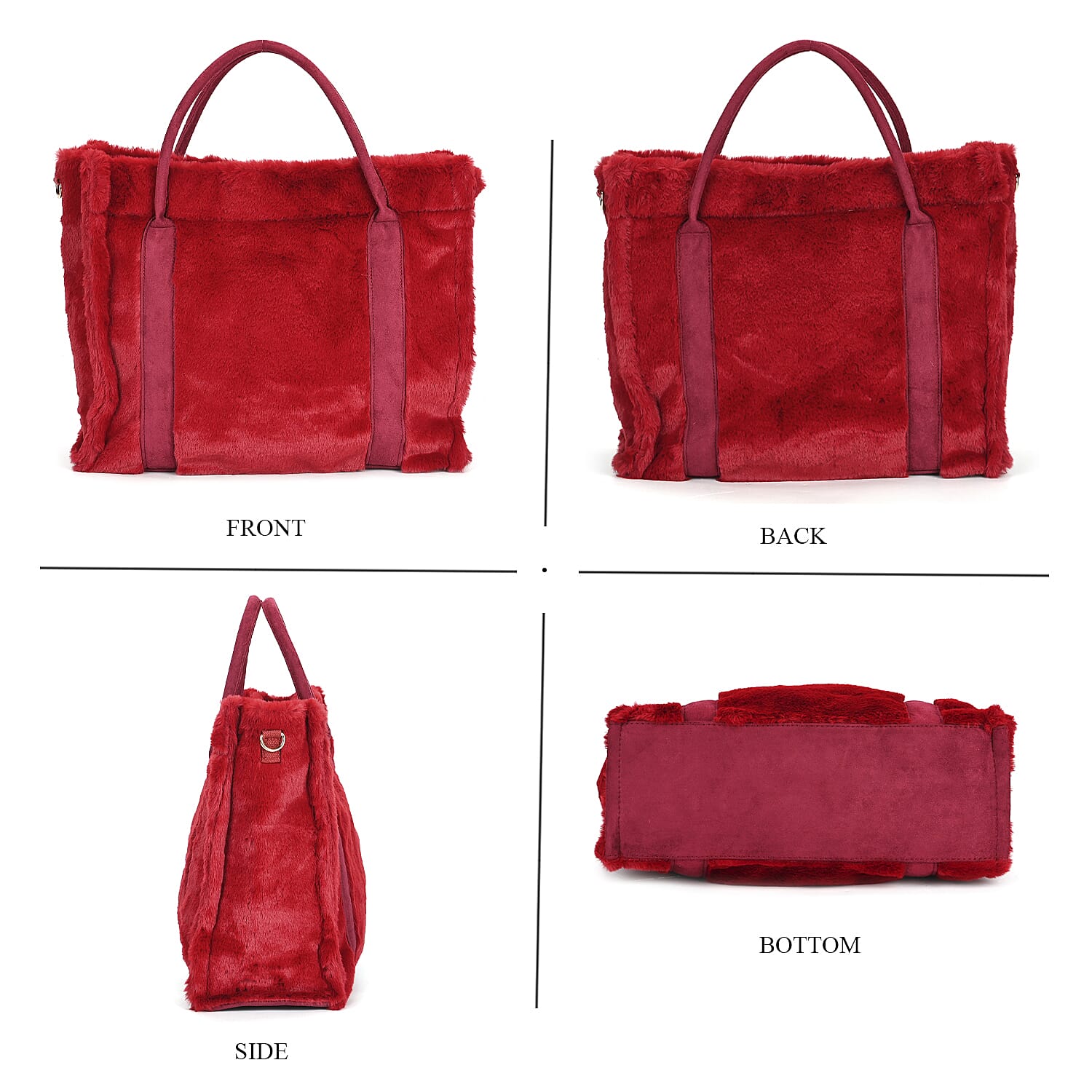 Fluffy Faux Fur Tote Bagg (Size 40x13x32 cm) - Burgundy