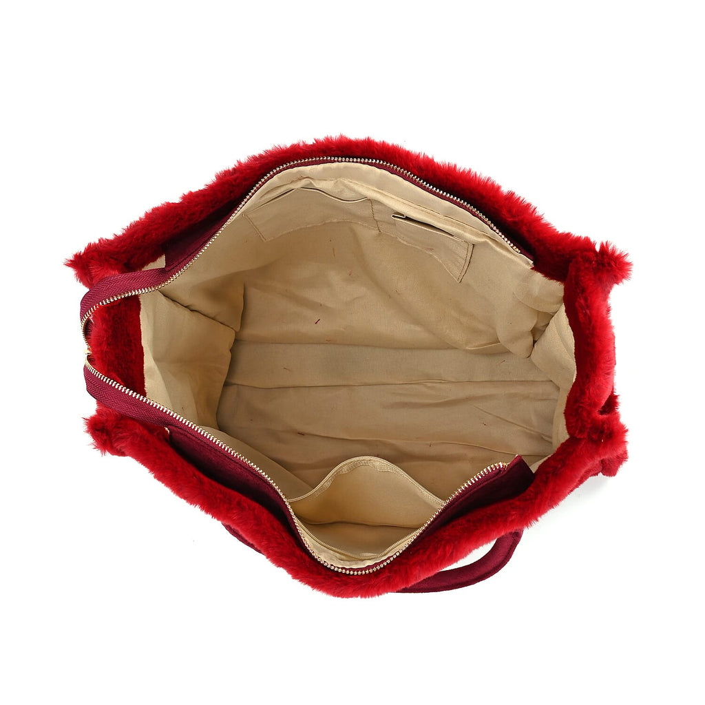 Fluffy Faux Fur Tote Bagg (Size 40x13x32 cm) - Burgundy